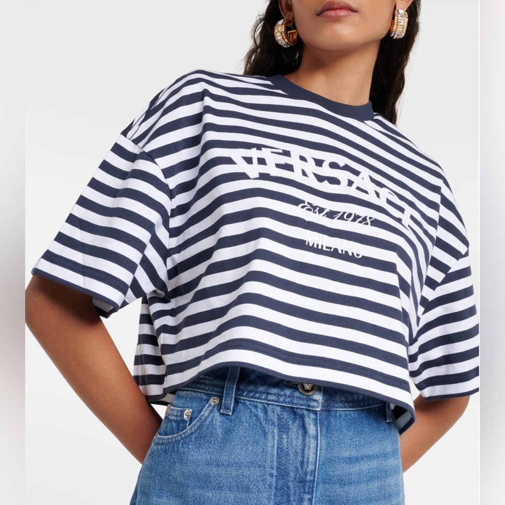 VERSACE L'Ancora striped cotton crop top